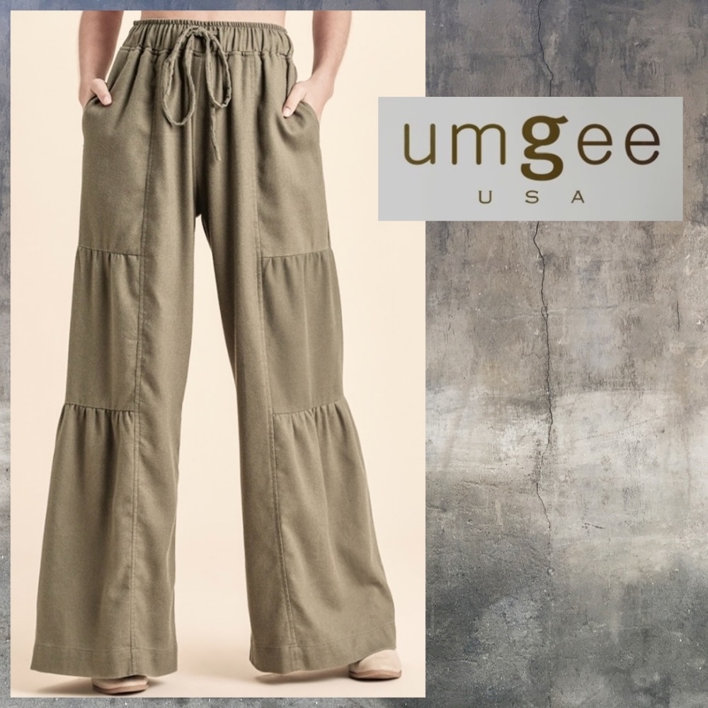 UMGEE Side Tiered Wide Flared Leg Pants Elasticized Waist, Drawstring & Pockets - Picture 1 of 16